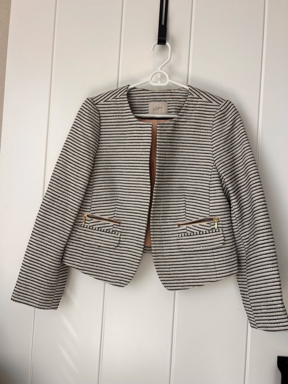 LOFT Cream and Black Striped Cropped Blazer